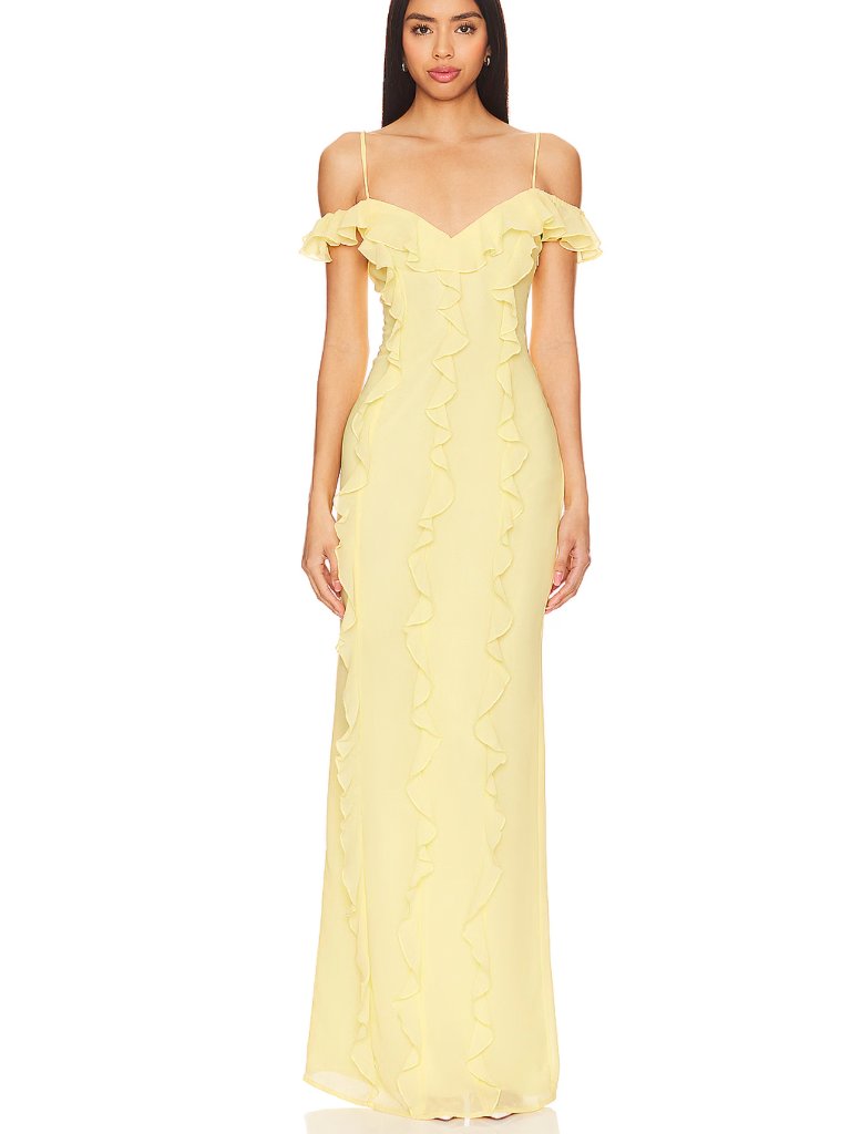 Lovers And Friends Marisol Gown In Baby Yellow Formal Ruffle Maxi Dress Small